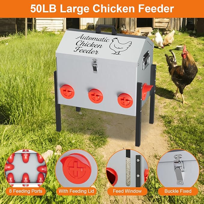 50LB Automatic Chicken Feeder, Metal Chicken Feeder with Window, No-Waste Poultry Feeder with 8 Feeding Ports, Adjustable Height, Locking Lid & Weatherproof Design for Outdoor Coop