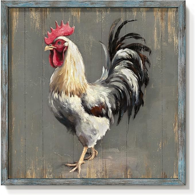 Rooster Wooden Wall Art Decor: Farm Cock Picture Country Animal Framed Artwork Rustic Farmhouse Chicken Painting for the Kitchen Living Room 20"x20"