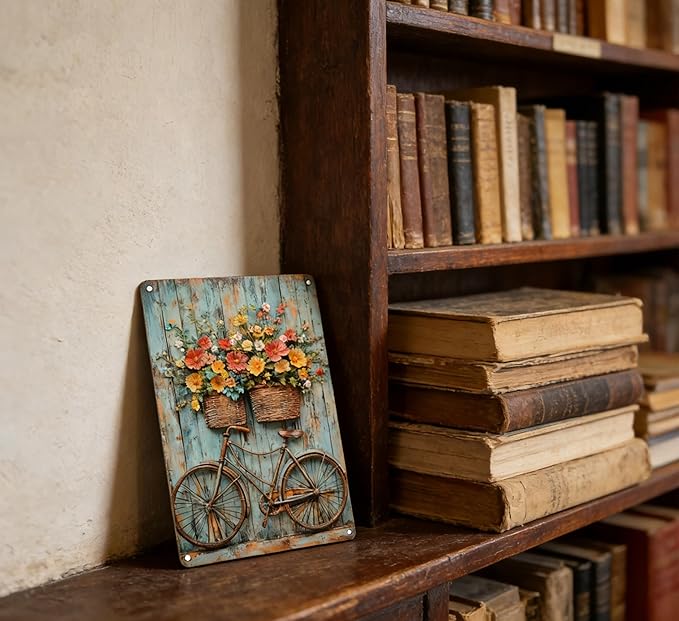 Vintage Floral Bicycle Metal Sign Rustic Farmhouse Daisy Floral Wildflowers Tin Signs Flower Still Life Bike Aluminum Wall art for Home Garden Patio Farm Yard Bar Bathroom Decor 8x12 Inch