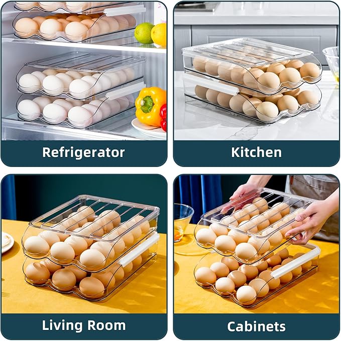 Egg Holder for Fridge, Rolling Egg Holder for Refrigerator, Egg Organizer for Refrigerator Clear Plastic Egg Dispenser with Removable Lid and Tray (2 Layer Holds 36 Eggs)