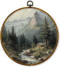 Hiuwevt Rustic Mountain Landscape Round Wall Art Decor, Vintage Forest Mountain Framed Canvas Prints, Nature Farmhouse Round Wall Hanging Decor for Home Bedroom Living Room Decorations, 10x10 Inches