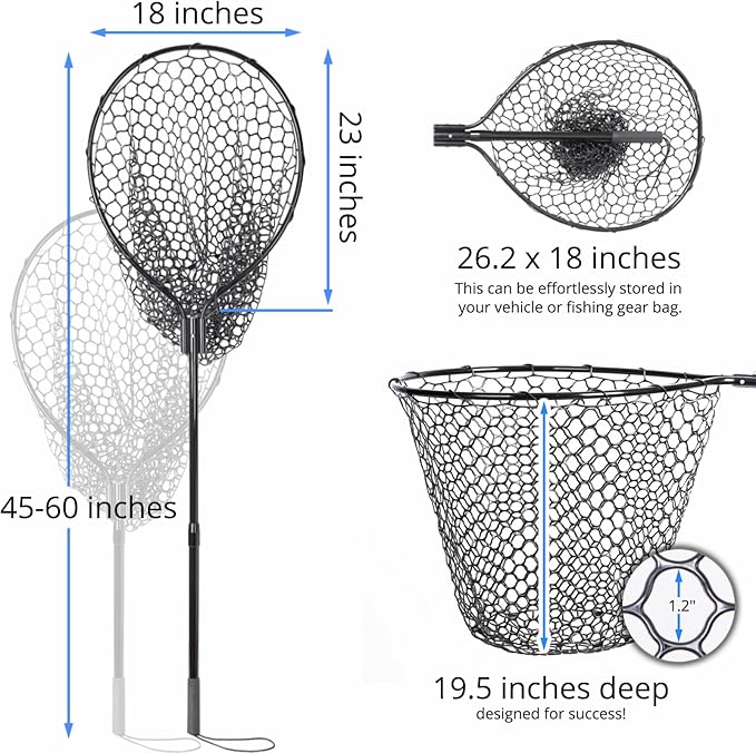 High Strength Large Landing Net - Fishing Net with Long Telescoping Handle and Soft Rubber Netting, Dip Net for Fishing, Ideal for Boat, Pier, River Angling