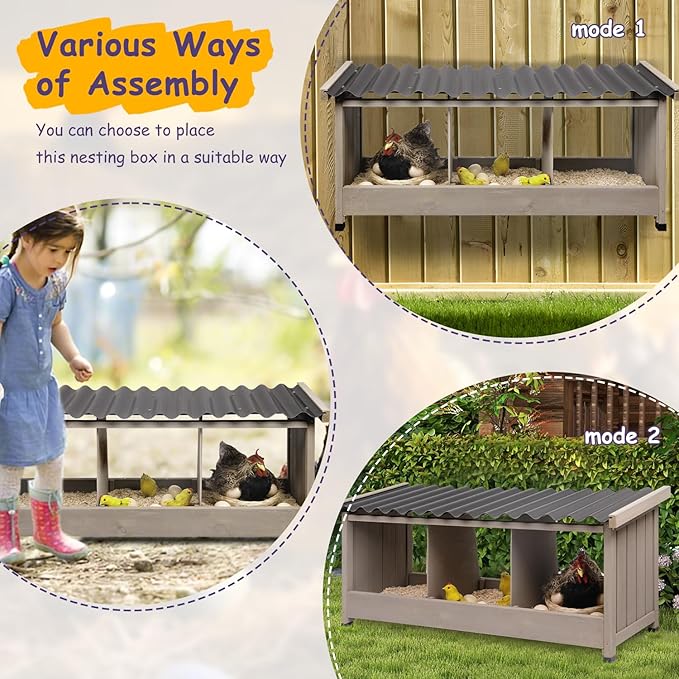 Chicken Nesting Box, Wall-Mounted Wooden Chicken Coop Accessories with PVC Roofing, 3 Compartments for Hens & Ducks Outdoor or Indoor Use