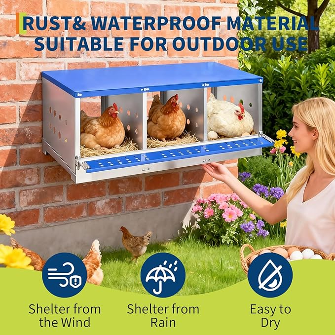 Heavy Duty Metal Chicken Nesting Box – 3 Compartments, Galvanized Steel, Breathable Holes, Resting Platform, Easy Clean, Rollaway, Wall Mounted/Floor, Blue, 96×48×40cm, Without Cover