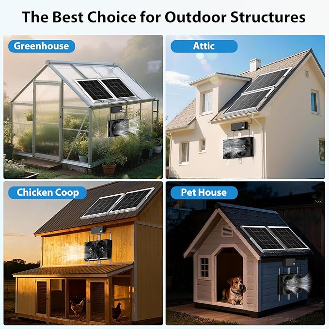 7.1" Solar Fan with Battery, 25W x 2 Large Solar Powered Rechargeable Fan Outdoor Waterproof, 25600 mAh Battery Exhuast or Intake Fans for Chicken Coop Greenhouse Dog Shed Ventilation Cooling