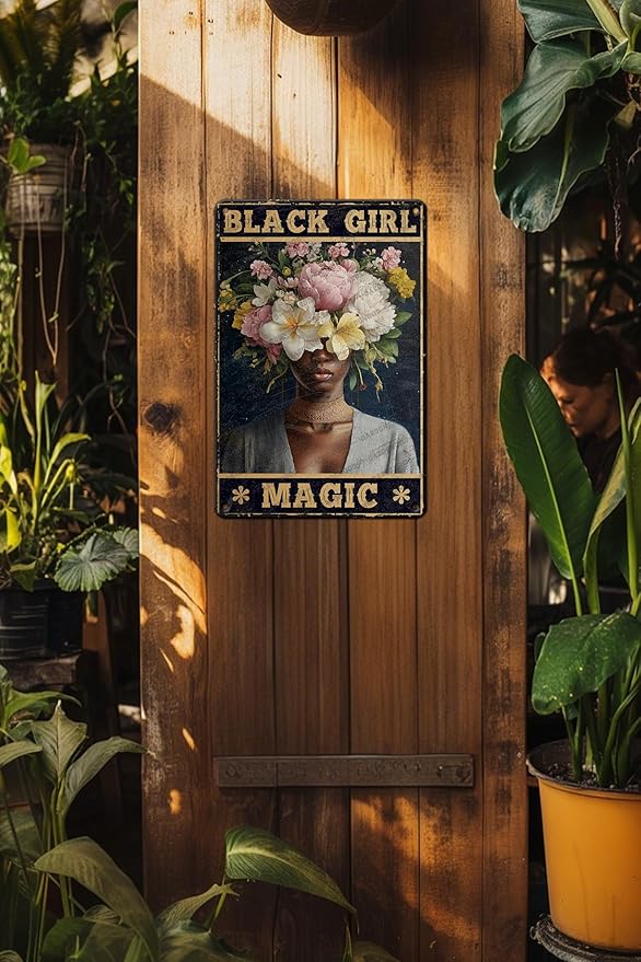 HARIKUIYIN Rutro Metal Tin Sign African American Novelty Plaque Poster Black Girl Magic Metal Poster Office Rustic Home Kitchen Bathroom Cafe Aluminium Sign Wall Decor 12x8 Inch