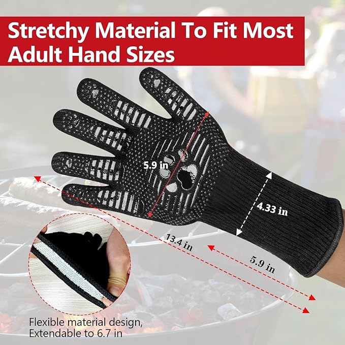 UBeesize Lengthen BBQ Gloves, 1472°F Heat Resistant Grill Glove, Fireproof Oven Gloves for Cooking, Non-Slip Fire Glove for Grilling, Barbecue, Smoker, Baking, Frying