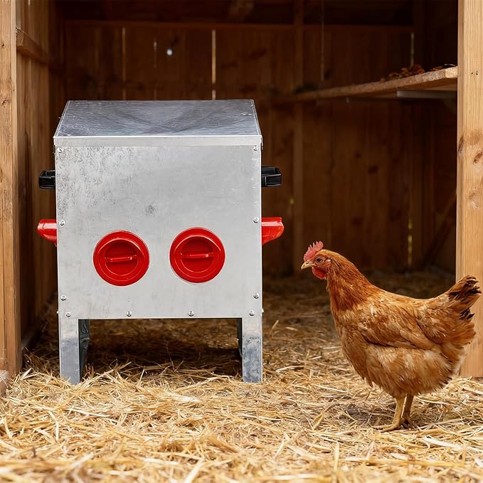 Automatic Chicken Feeder No-Waste, Metal Poultry Feeder Large Capacity for Chickens, Geese, Ducks, Turkeys, Quails (4 Ports)