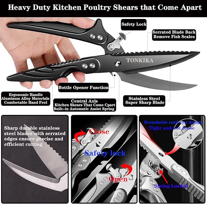 Heavy Duty Kitchen Scissors for Food, Poultry, Chicken, Bone Cutting - 10.2-Inch, Black