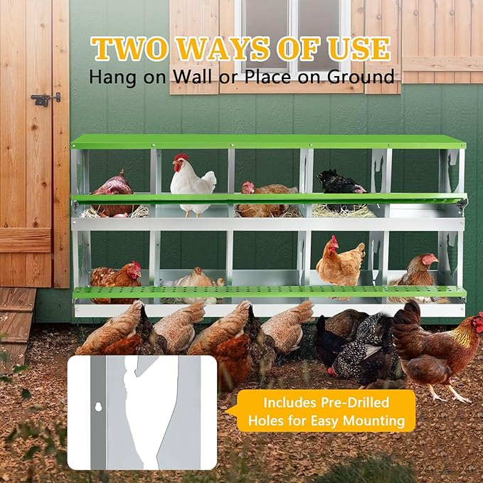 Chicken Nesting Box for Laying Eggs,Wall-Mountable Chicken Coop Nesting Boxes,10 Hole Roll Away Nesting Boxes,with Large Vented Holes,for Chickens,Ducks,Large Egg Laying Boxes (Green 10 Hole)