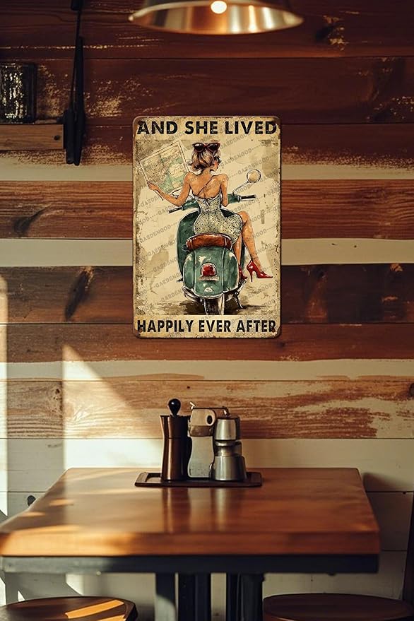 And She Lived Happily Ever After Motorbike Ancient Bike Metal Wall Art Metal Signs For Decor Vintage Wall Decor 12x8 Inch