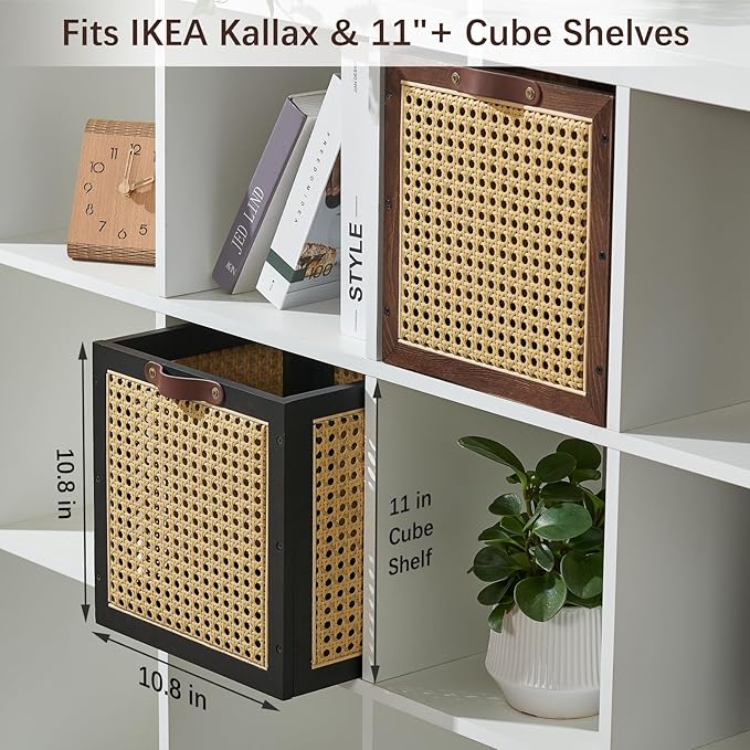 Rattan Storage Cubes Wooden Storage Baskets Boxes Decorative Natural Handmade Bohemian Solid Wood Woven Wicker Cane Bin Closet Shelf Clothes Organizer Books Magazine Holder (Black)