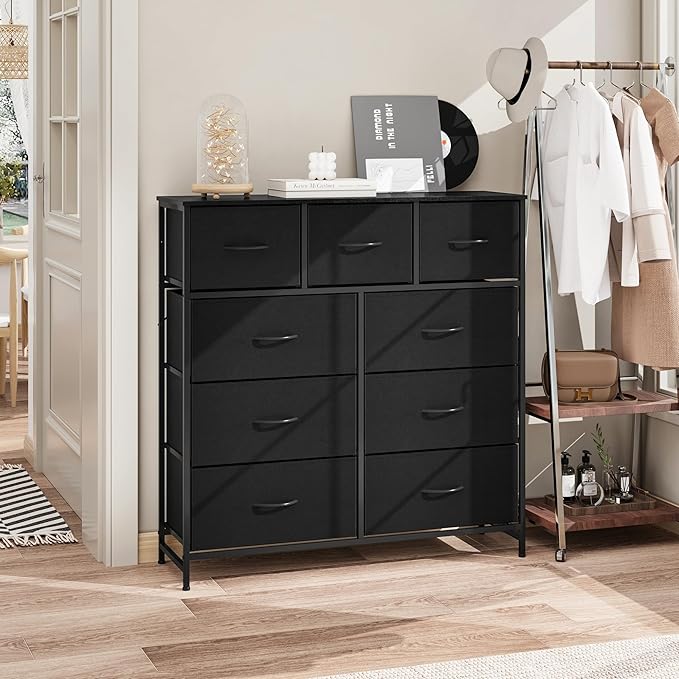 WelFurGeer 9-Drawer Dressers with Sturdy Metal Frame - Tall Chest Organizer Unit with Fabric Bins, Storage Chest of Drawers for Bedroom, Living Room, Hallway, Entryway, Closet, Black