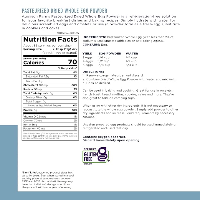 Augason Farms Dried Whole Egg Powder Can - Pasteurized Eggs for Kitchen use, Baking meals & Daily use - Emergency Food Storage - Long Shelf Life Powdered Eggs - 85 Servings