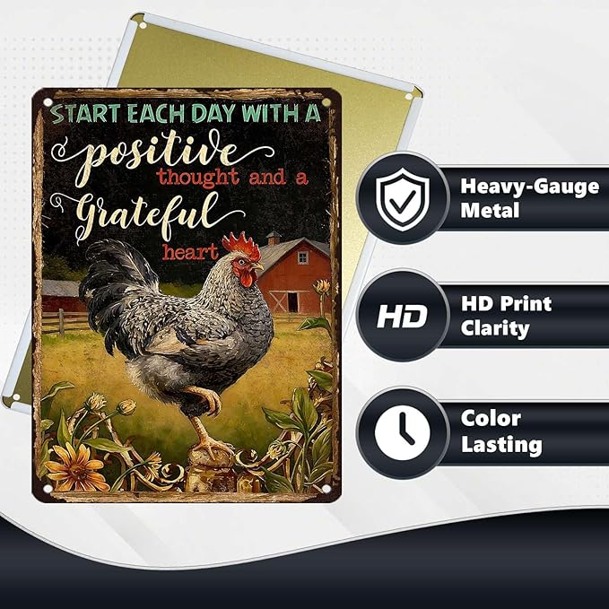 Chicken Metal Sign Chicken Coop Metal Decor Start Each Day Tin Signs Vintage Farmhouse Poster Rustic Wall Decor For Home Farm Poultry House Fence Kitchen Fence Porch Office Cafe 16 * 12 In