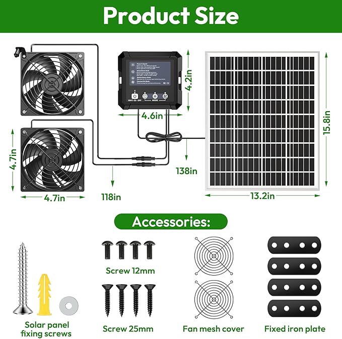 Innoland Solar Fan for Chicken Coop, IP65 Waterproof Solar Powered Fan with Battery & 25W Solar Panel, Solar Exhaust Fan with Sensor for Greenhouse | Pet House | Tool Shed | Garage Air Ventilation