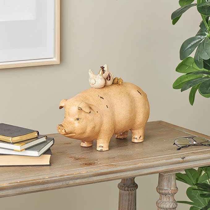 Deco 79 Resin Pig Sculpture with Roosters and Chicks, 15" x 6" x 11", Light Brown