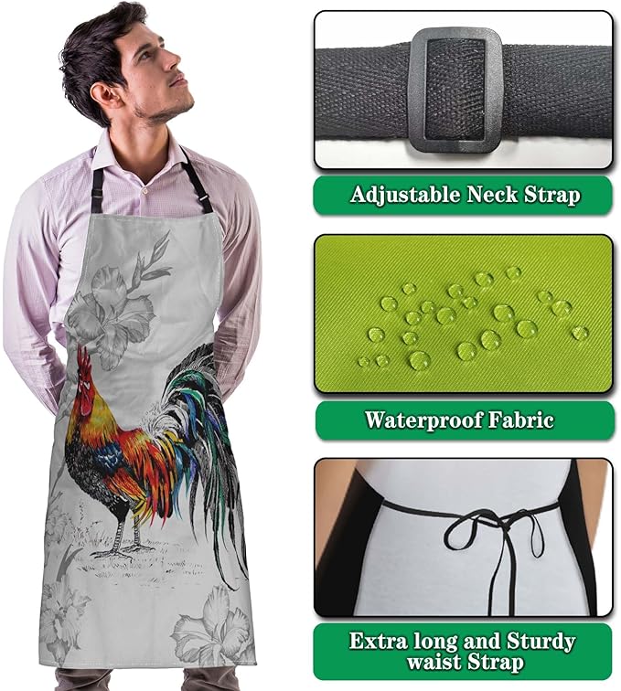 BBQ Aprons for Men Watercolor Pattern with Roosters Women Apron for Kitchen Cooking Restaurant Painting Crafting Gardening 27” (W) x 31” (H), Waterproof Apron