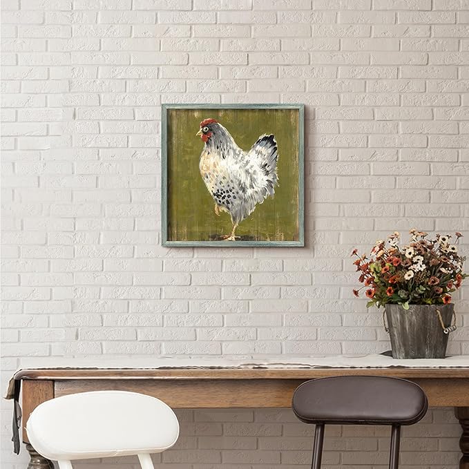 Farmhouse Wall Art Kitchen Picture: Farm Animal Wooden Framed Print Rustic Country Chicken Hen Artwork Painting Decor for Bedroom Bathroom Living Room 16 x 16 Inches