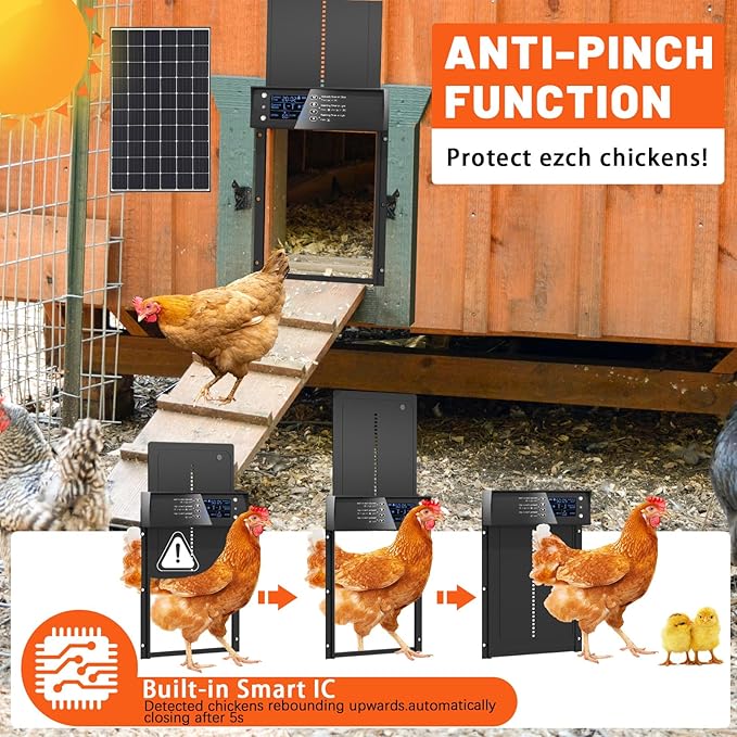 Automatic Chicken Coop Door, Solar Powered Aluminum Chick Coops Doors Opener with Timer & Light Sensor, Anti-Pinch, Remote Control 4 Modes Auto Coop Doors for Chicken