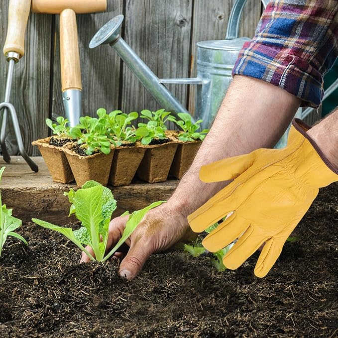 Kisangel Cowhide Protective Gloves for Gardening and Farm Work, Wear-resistant Non-slip Safety Gloves with Full Leather, Puncture-resistant Design, Size M for Outdoor Pruning and Heavy-duty