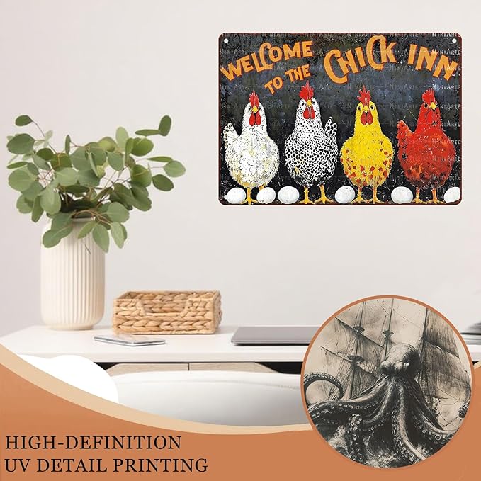 Funny Chicken Tin Sign Welcome To The Chick Inn Vintage Sign Metal Farm Sign for Garden Farm Chicken Coop Decor 12X16Inch
