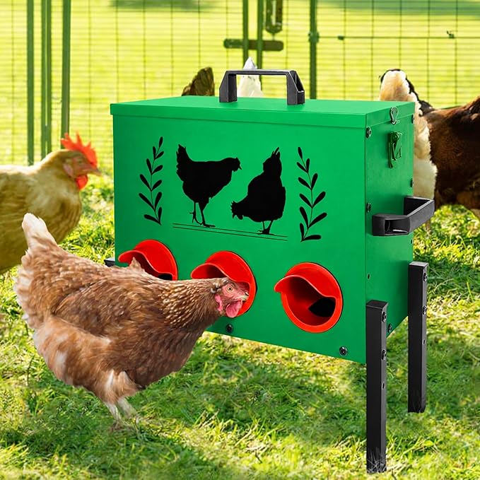 Chicken Feeders, 30 lb Capacity 6 Port Automatic Chicken Feeder, Metal Chick Feeders with Locking Lid and Legs, Chicken Feeder for Chickens, Ducks, Geese, Green