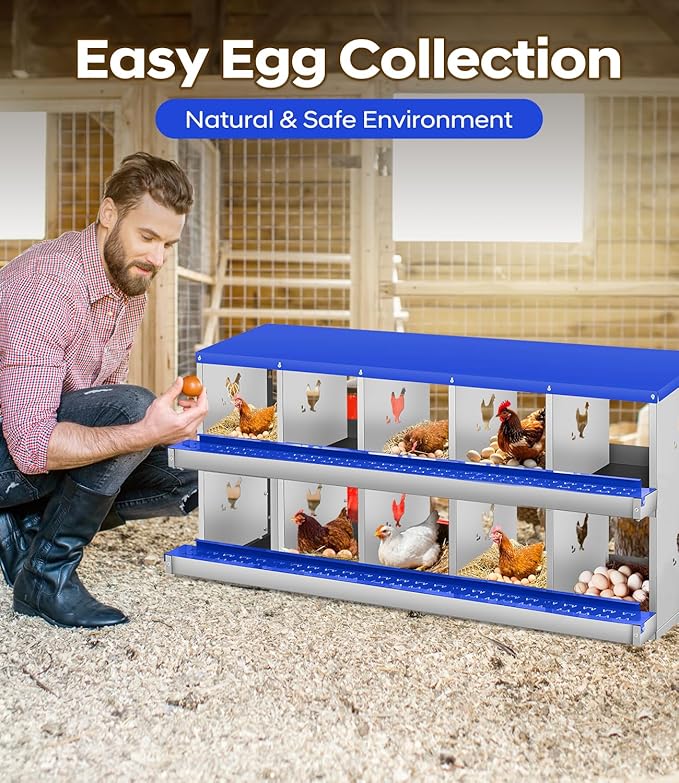 Chicken Nesting Box for Laying Eggs, 6 Compartment Metal Nesting Box,Wall Mount Chicken Nesting Boxes,Easy Egg Collection,Laying Boxes for Chickens Coop to Protect Eggs (Blue, 10 Compartment)