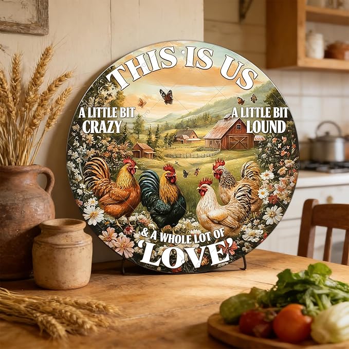 Round Vintage Chicken Metal Sign This Is Us A Little Bit Of Crazy A Little Bit Loud Chicken Coop Sign Home Kitchen Coffee Wall Decor Art Poster 8 Inch