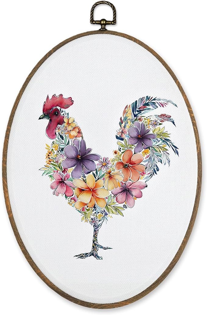 LKETW Floral Chicken Oval Wall Art Decor, Rustic Cottagecore Flower Chicken Oval Canvas Hanging Decor, Farmhouse Farm Animal Wall Decorations for Kitchen Home Bedroom Living Room, 8.6x11.4 Inch