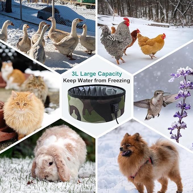 3L Heated Water Bowl for Pets –Foldable, Waterproof for Dogs, Cats, Squirrels, Rabbits, Chickens, and Birds – Winter Outdoor Use – Keeps Water from Freezing in Snowy Weather