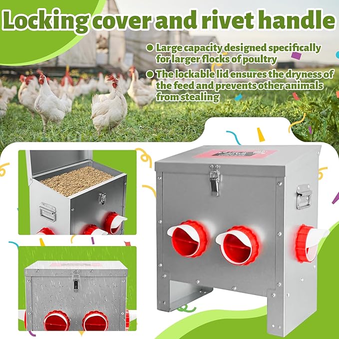 25LB Large Automatic Chicken Feeder Galvanized Metal Chicken Feeders with 4 Feeding Ports No Waste Outdoor Poultry Feeder with Handle and Locking Lid for Chickens and Ducks