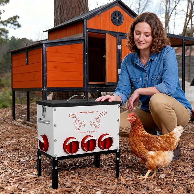 Automatic Chicken Feeder No Waste 50 Pounds 8 Ports Metal Poultry Feeder with Latch & Handle Adjustable Height Heavy-Duty Stand - Outdoor Feeding Station for Chickens, Ducks & Geese(Black-50LB-8Port)