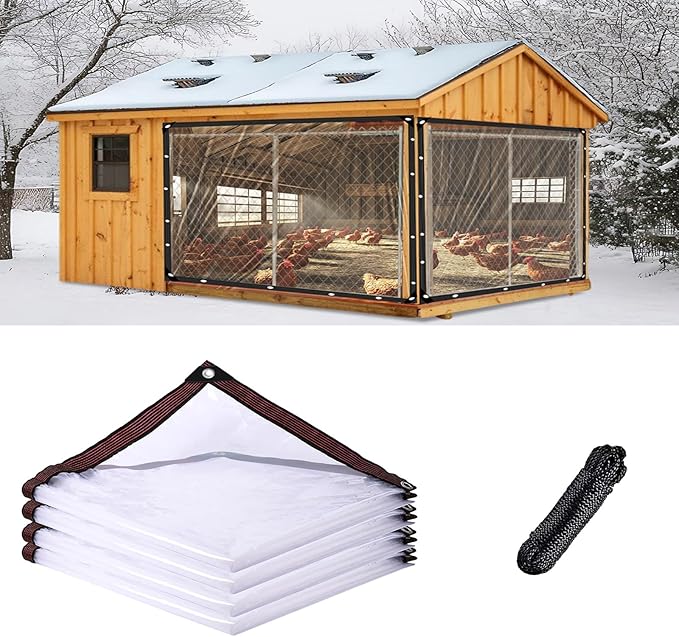 6.5 x 13.1 FT Chicken Coop Cover for Winter, Waterproof & Anti-Tear Chicken Coop Insulation with Rope, Chicken Run Sidewalls, Windproof Clear Chicken Coop Tarp for Chicken Run