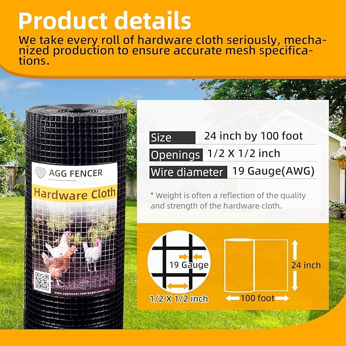 24in x 100ft Black Hardware Cloth 1/2 inch 19Ga PVC Coated Wire Mesh Vinyl Coated Fence, Welded Metal Chicken Wire Fencing Roll, Garden Plant Fencing, for Chicken Coop and Home Improvement
