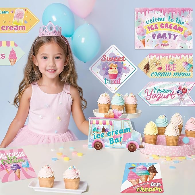 WERNNSAl 10PCS Ice Cream Party Decorations - Ice Cream Sign Birthday Party Supplies for Girls Kids Colorful Summer Theme Party Wall Art Decor for Home Garden Yard Decorations