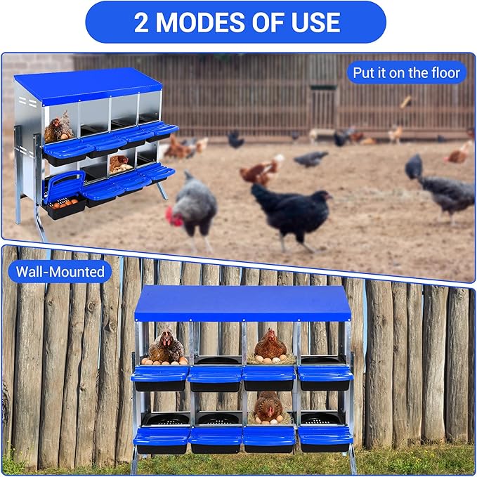 Chicken Nesting Box 8-Hole Roll Away Egg Laying Box with Lid & Stand, Galvanized Steel Rustproof Poultry Coop Box, Easy Clean, Wall Mountable No Bracket Needed for Hens, Blue