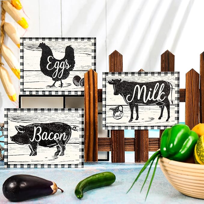 Jetec 3 Pieces Farmhouse Kitchen Decor Wooden Pig Cow chicken Signs Rustic buffalo plaid wall art farm animal Plaque for Kitchen Home Wall Decorations, 7.9 x 5.9 Inch