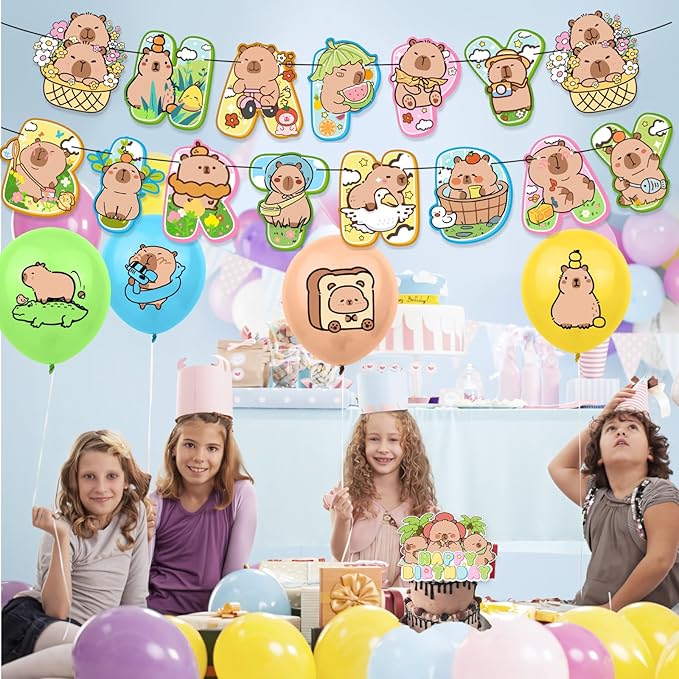 Cartoon Happy Birthday Banner Balloons Cupcake Toppers Birthday Decorations for Capybara Theme Party Decor Supplies