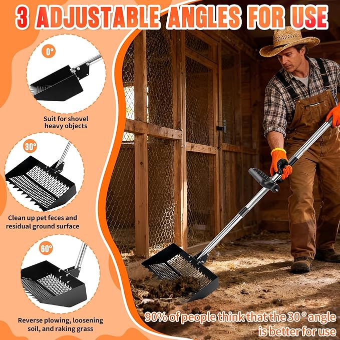 Chicken Poop Scooper, Adjustable Angle Chicken Coop Cleaning, 3-in-1 Sand Rake with Sifting Panels for Hen/Pet House Bedding Management, 304 Stainless Steel Chicken Coop Accessories