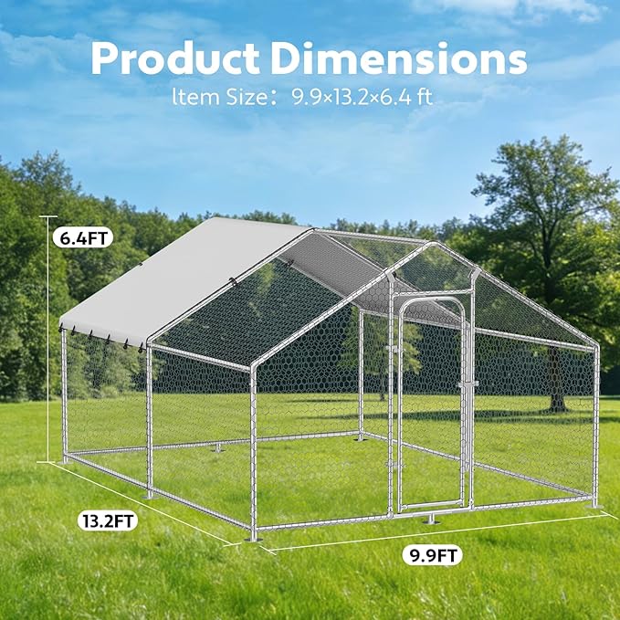 Large Metal Chicken Coop with Waterproof and UV-Resistant Cover, Outdoor Walk-in Cage Hen House for Yard Farm Rabbit Duck Chicken Run Spire Roof (10’ W x 13.2’ L x 6.4’ H)