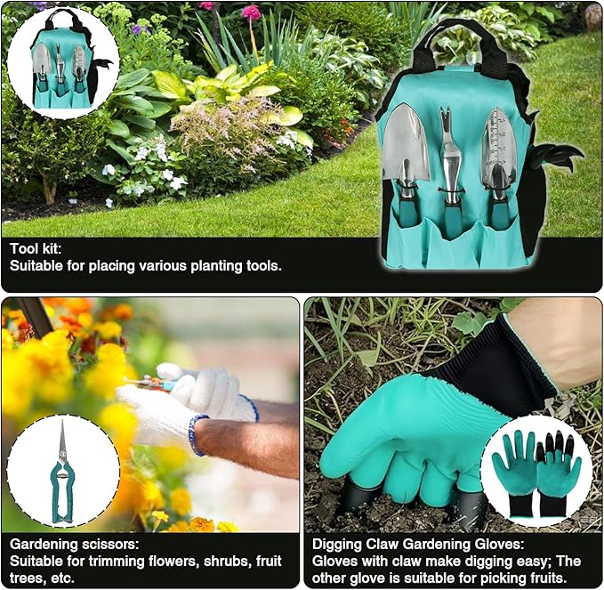 Garden Tools, Gardening Tool Set with Non-Slip Handles, Lightweight Aluminum Alloy Rust-Proof Gardening Hand Tools with Gloves Ideal Gardening Tools Gifts for Women and Men (11 Pcs)
