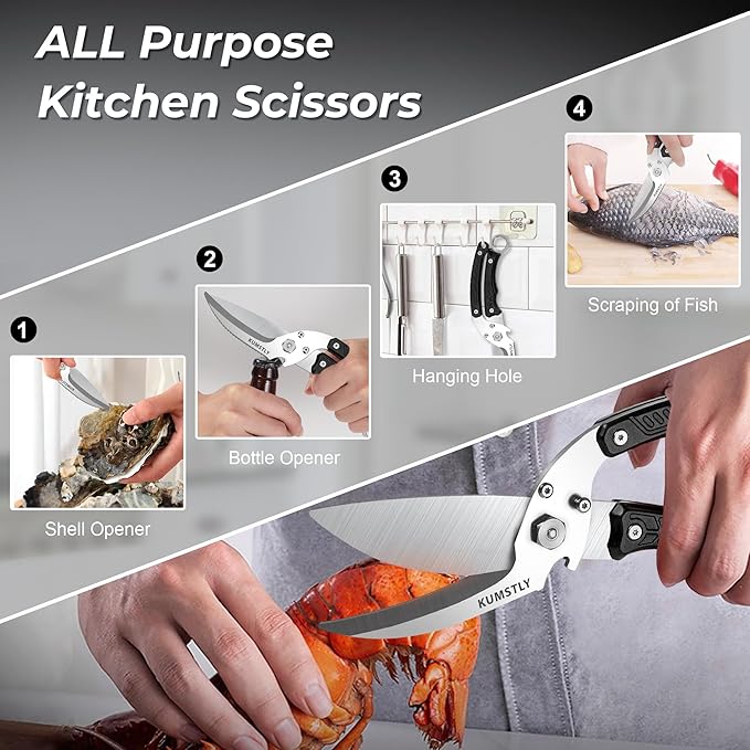 Kitchen Scissors All Purpose Kitchen Shears Heavy Duty for Cutting Chicken, Turkey, Meat, Bones, Vegetables Stainless Steel Spatchcock Shears Multipurpose Food Scissors (Black)