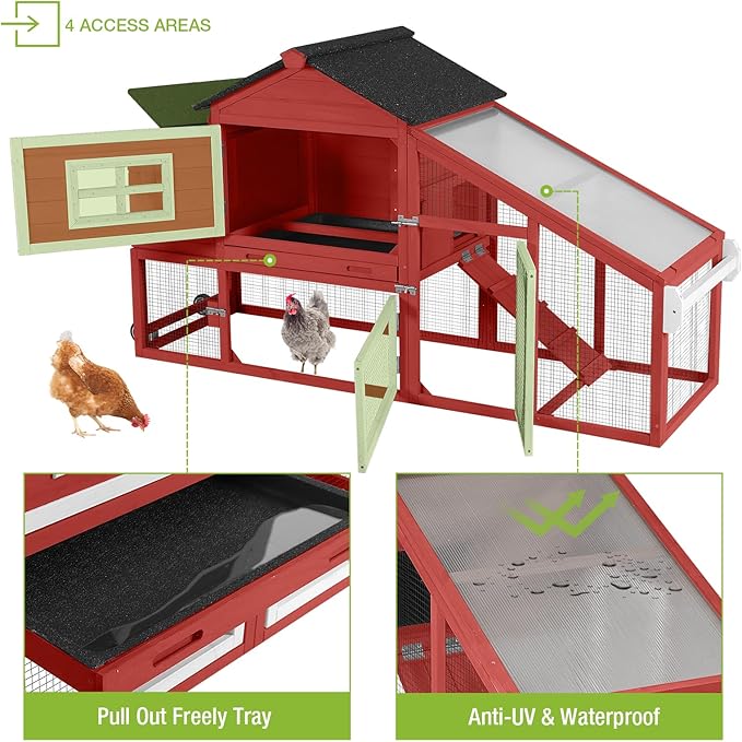 GUTINNEEN Chicken Coop Mobile Hen House Wooden with Run Poultry Cage with Nesting Box,Red