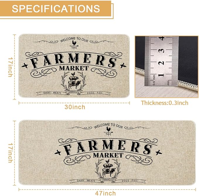 Roszwtit Farmhouse Kitchen Rugs and Mats Set of 2, Farmhouse Kitchen Mat, Seasonal Holiday Cooking Sets Low-Profile Non-Slip Floor Mats for Home Kitchen Decor - 17x29 and 17x47 Inch