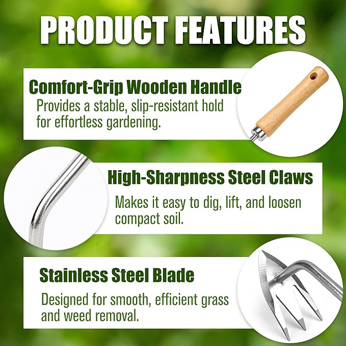 Manual Weed Remover Tool, Deweeder Hand Tool for Lawn and Garden, Upgrade 2026 Pulling Uprooting Weeding 3 Tooth Puller, Stainless Steel Weeder for Gardening Backyard Farm Plant, Durable Wooden Handle