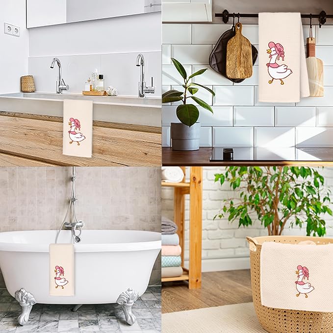 Funny Silly Goose Kitchen Towels, Coquette Pink Goose Hand Towels for Bathroom Kitchen, Cute Farm Animal Geese Decorative Dish Towels Drying Cloth, 16x24 Inch