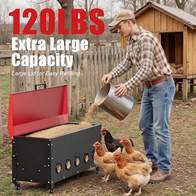 Large Capacity Chicken Feeder, 120lbs Automatic Poultry Feeder with Wheels, Galvanized Steel Metal, Weatherproof Lid & 10 Feeding Ports Design for Hens, Ducks, Geese, No Waste Outdoor Feeder
