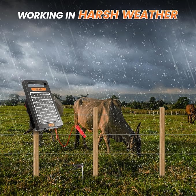 24 Hour Solar Electric Fence Charger, 10 Miles, Up to 10200v Output Range Electric Fence Charger, 0.18J Portable Energizer with Rechargeable Solar Panel for Livestock & Predator Protection