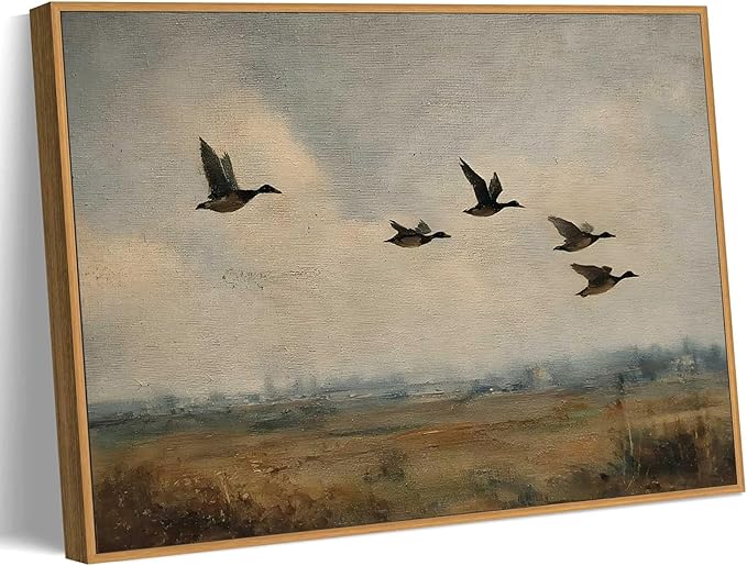 Framed Vintage Flying Duck Canvas Wall Art Wildlife Poster Print Natural Wilderness Picture Retro Wild Duck Painting Artwork Wall Decor for Bedroom Living Room Kitchen 12x16in